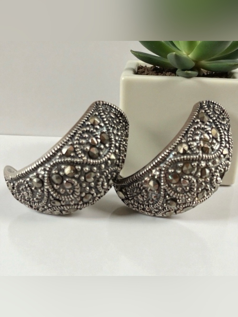 Vintage Sterling Silver Marcasite Signed 925 Thailand NP Huggie Hoop Earrings